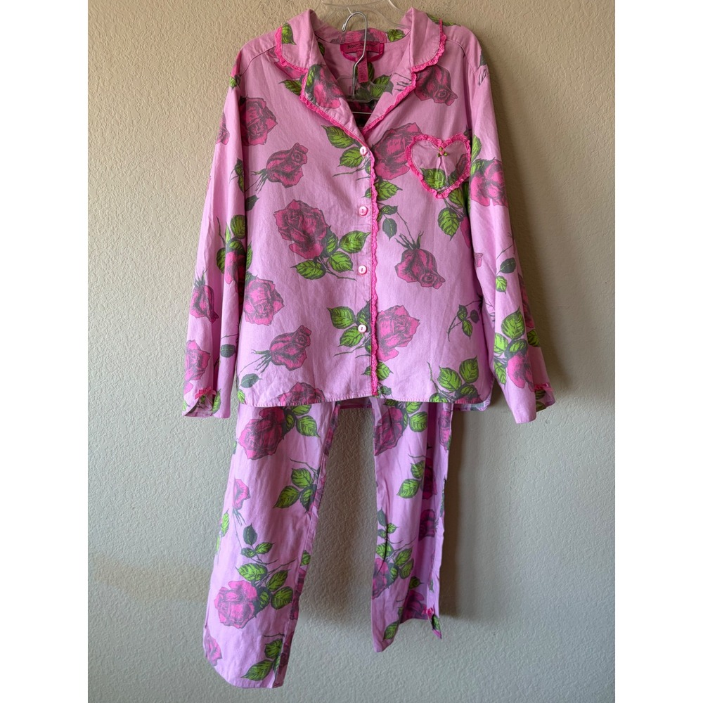 Betsey Johnson Intimates Pink Rose Floral Cotton Pajama Set L Heart Pocket